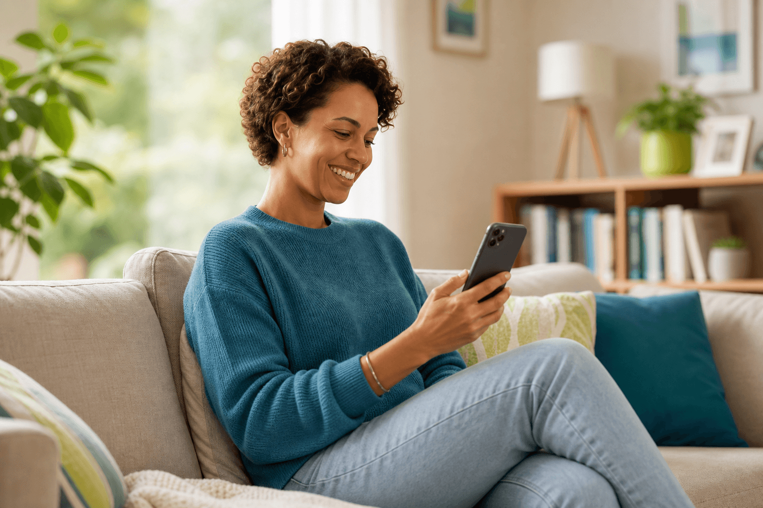Woman using her smartphone for virtual care at home