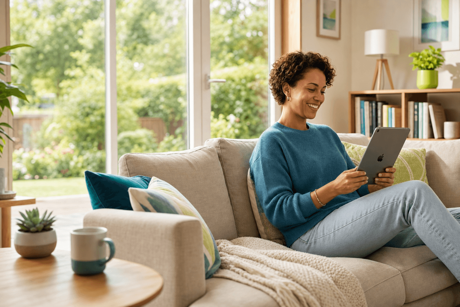 Woman using a tablet for virtual care at home
